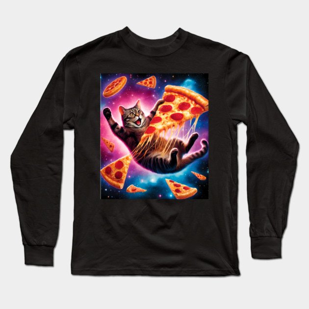 Cat with Pizza in Space, Funny Pizza Lover Long Sleeve T-Shirt by logiamerch