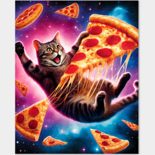 Cat with Pizza in Space, Funny Pizza Lover Posters and Art