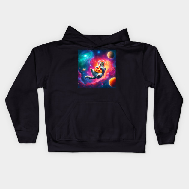 Cat with Pizza in Space, Funny Pizza Lover Kids Hoodie by logiamerch
