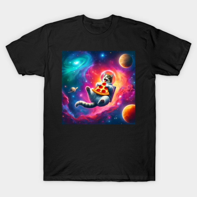 Cat with Pizza in Space, Funny Pizza Lover T-Shirt by logiamerch