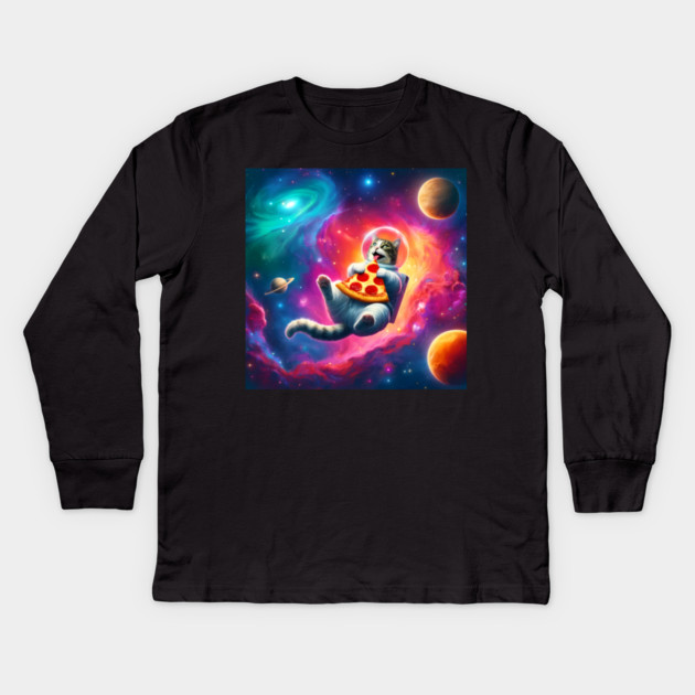 Cat with Pizza in Space, Funny Pizza Lover Kids Long Sleeve T-Shirt by logiamerch