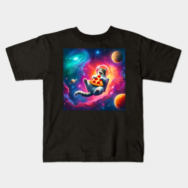 Cat with Pizza in Space, Funny Pizza Lover Kids T-Shirt by logiamerch