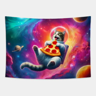 Cat with Pizza in Space, Funny Pizza Lover Tapestry