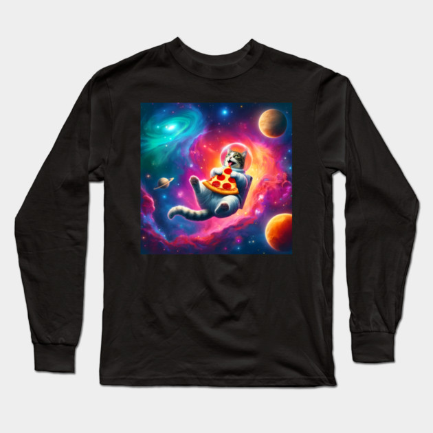 Cat with Pizza in Space, Funny Pizza Lover Long Sleeve T-Shirt by logiamerch