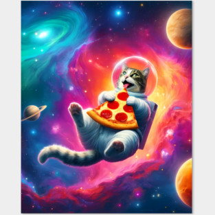 Cat with Pizza in Space, Funny Pizza Lover Posters and Art