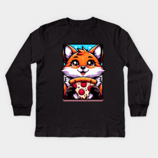 Funny Fox with Pizza Kids Long Sleeve T-Shirt