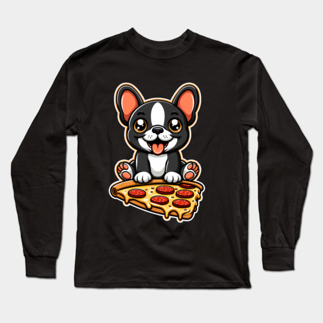 Cute French Bulldog with Pizza Long Sleeve T-Shirt by logiamerch