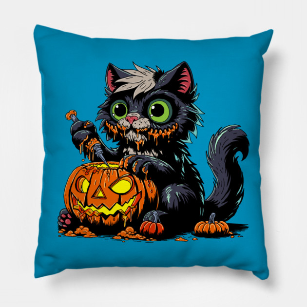 Halloween Pumpkin Carving Cat Pillow by H. R. Sinclair