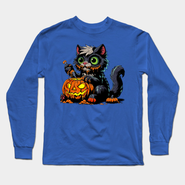 Halloween Pumpkin Carving Cat Long Sleeve T-Shirt by H. R. Sinclair