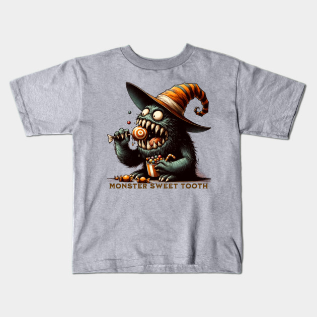 Vintage Halloween Candy Monster Kids T-Shirt by HolidayBug