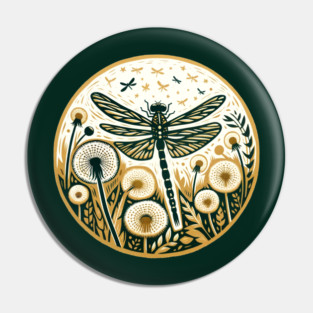 Vintage Dragonfly with Dandelions Botanical Illustration Pin