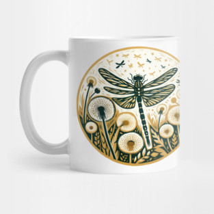 Vintage Dragonfly with Dandelions Botanical Illustration Mug