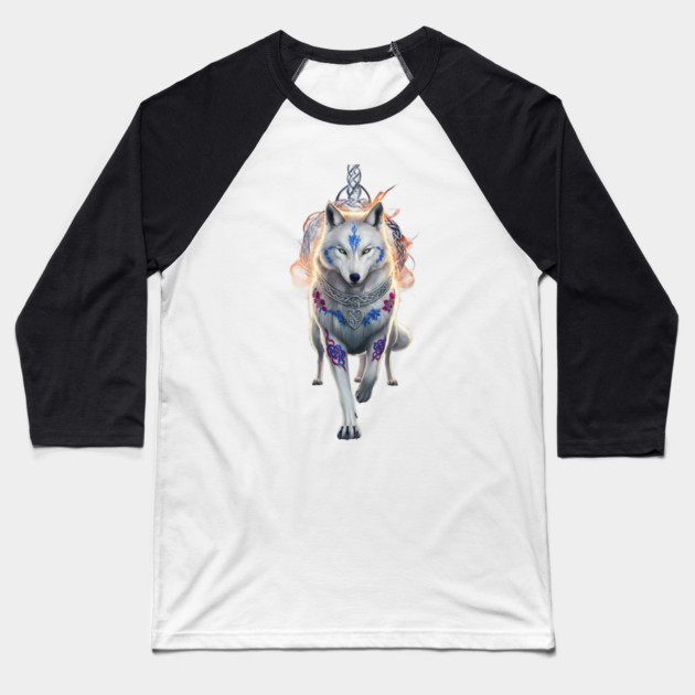 stylized five legged wolf with striking blue eyes  It wears a decorative collar Baseball T-Shirt by animegirlnft