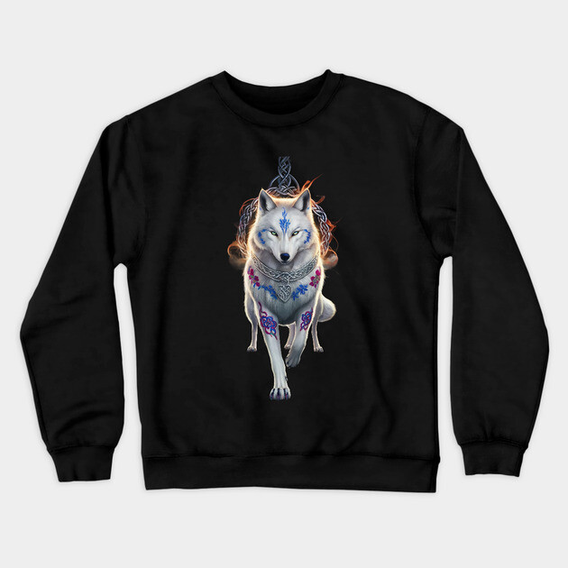 stylized five legged wolf with striking blue eyes  It wears a decorative collar Crewneck Sweatshirt by animegirlnft