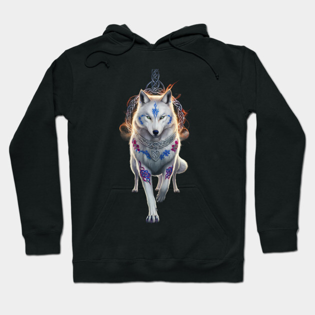 stylized five legged wolf with striking blue eyes  It wears a decorative collar Hoodie by animegirlnft