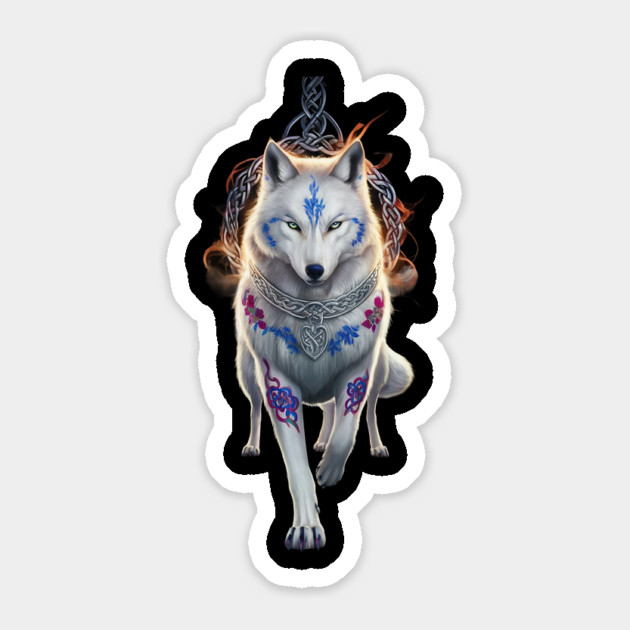 stylized five legged wolf with striking blue eyes  It wears a decorative collar Sticker by animegirlnft