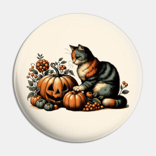 Vintage Halloween Cat and Pumpkin Pin