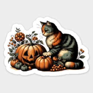 Vintage Halloween Cat and Pumpkin Sticker