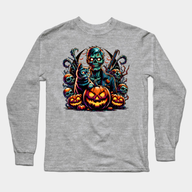 Halloween Zombie and Cat Long Sleeve T-Shirt by HolidayBug