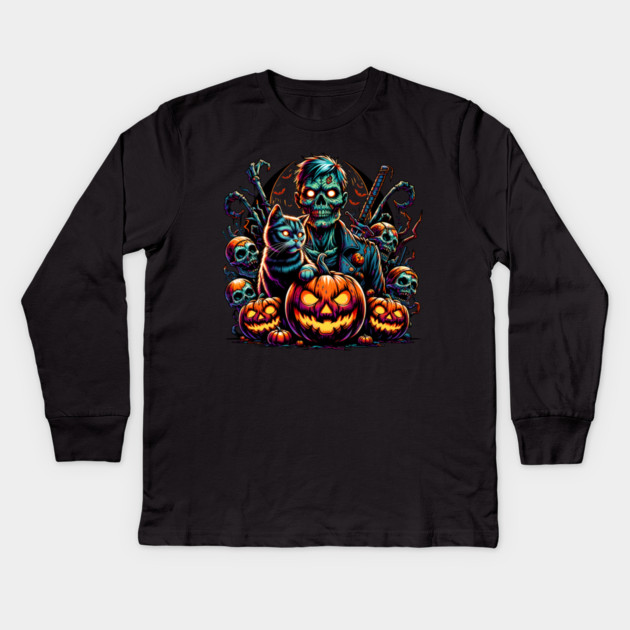 Halloween Zombie and Cat Kids Long Sleeve T-Shirt by HolidayBug