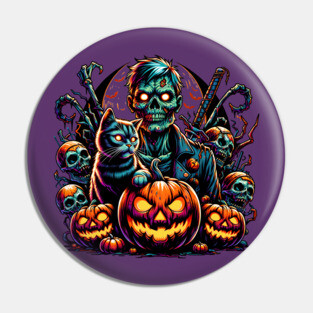 Halloween Zombie and Cat Pin