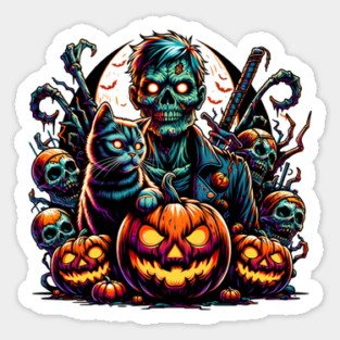 Halloween Zombie and Cat Sticker