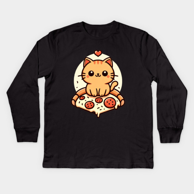 Kawaii Cat with Pizza Kids Long Sleeve T-Shirt by logiamerch
