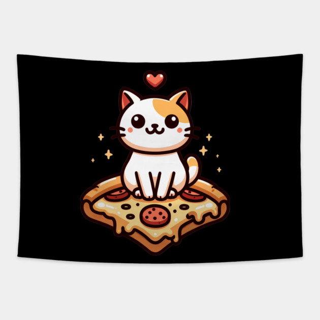 Kawaii Cat with Pizza Tapestry by logiamerch