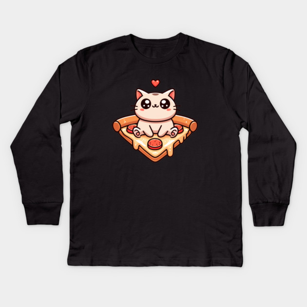 Kawaii Cat with Pizza Kids Long Sleeve T-Shirt by logiamerch