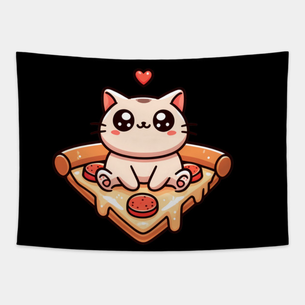 Kawaii Cat with Pizza Tapestry by logiamerch