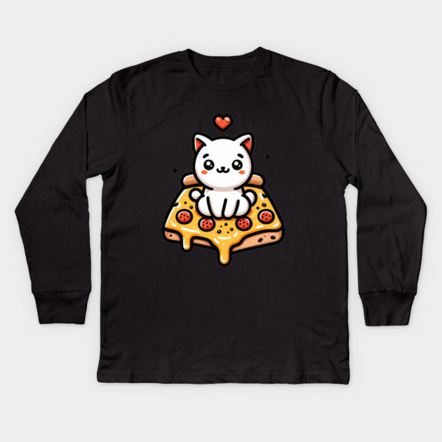 Kawaii Cat with Pizza Kids Long Sleeve T-Shirt by logiamerch