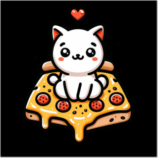 Kawaii Cat with Pizza Posters and Art