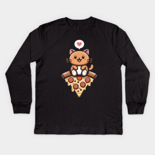Kawaii Cat with Pizza Kids Long Sleeve T-Shirt
