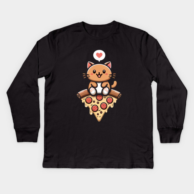 Kawaii Cat with Pizza Kids Long Sleeve T-Shirt by logiamerch