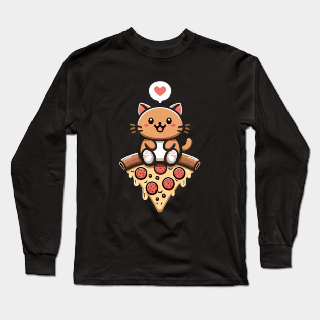 Kawaii Cat with Pizza Long Sleeve T-Shirt by logiamerch