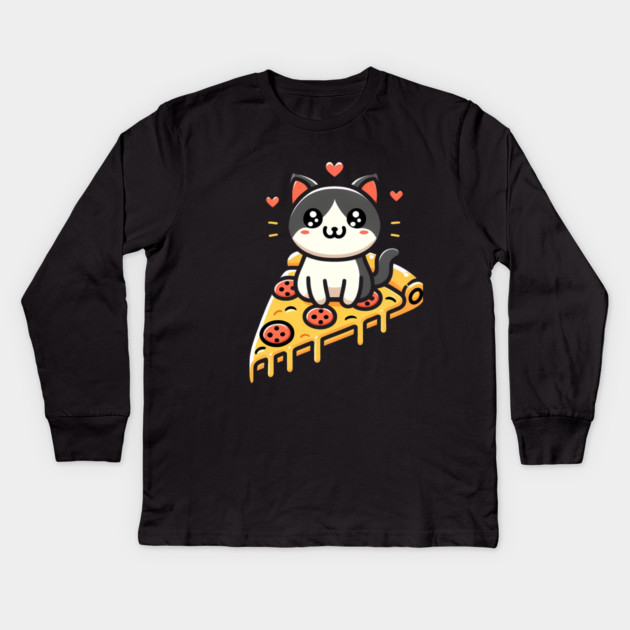 Kawaii Cat with Pizza Kids Long Sleeve T-Shirt by logiamerch