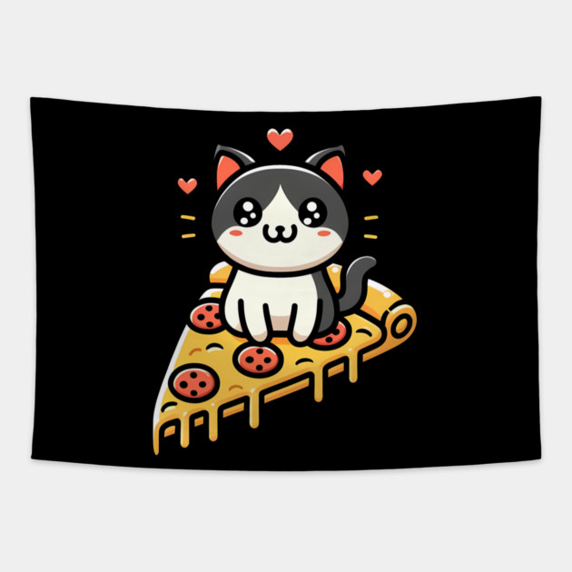 Kawaii Cat with Pizza Tapestry by logiamerch