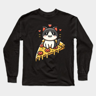 Kawaii Cat with Pizza Long Sleeve T-Shirt