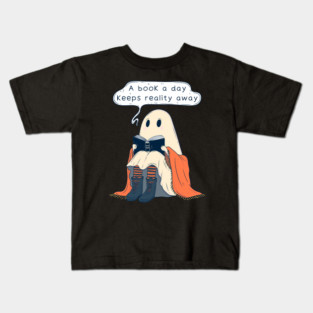 Cute Ghost Reading a Book - A Book a Day Keeps Reality Away Kids T-Shirt