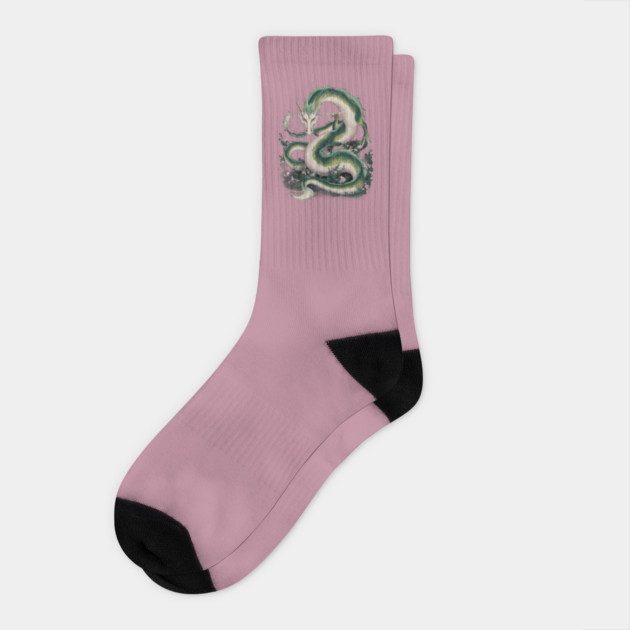 Green Serpentine Dragon Adorned With White and Yellow Accents Socks by animegirlnft