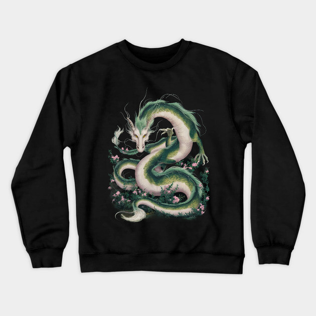 Green Serpentine Dragon Adorned With White and Yellow Accents Crewneck Sweatshirt by animegirlnft
