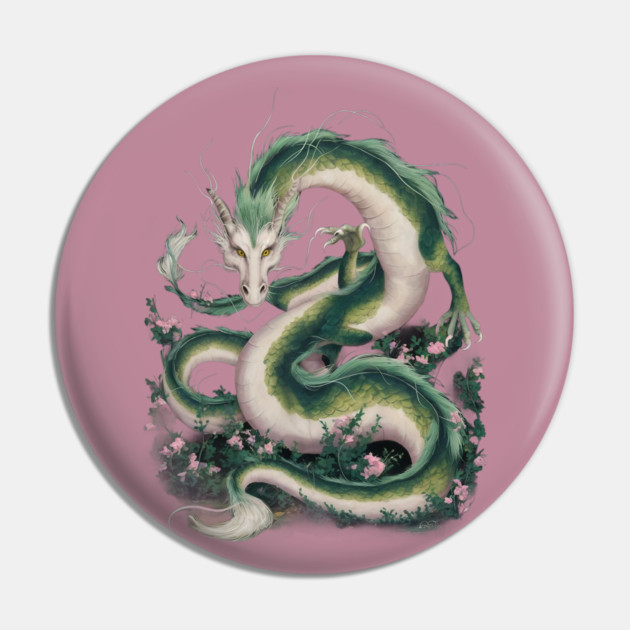 Green Serpentine Dragon Adorned With White and Yellow Accents Pin by animegirlnft