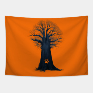 Artwork of a Tree With a Dark Trunk and Bare Branches Tapestry