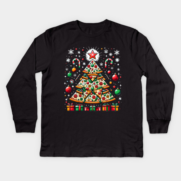 Xmas Tree with Pizza, Funny Pizza Lover Kids Long Sleeve T-Shirt by logiamerch
