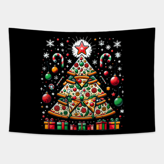 Xmas Tree with Pizza, Funny Pizza Lover Tapestry by logiamerch