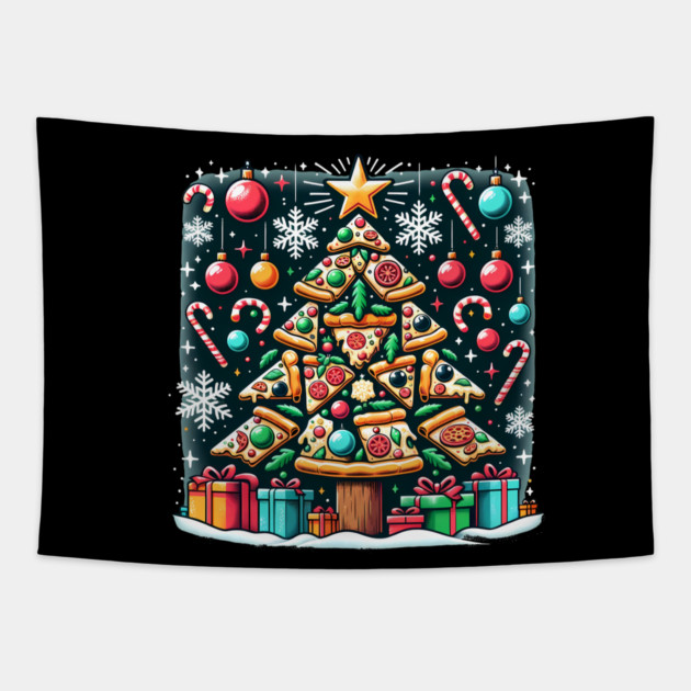 Xmas Tree with Pizza, Funny Pizza Lover Tapestry by logiamerch