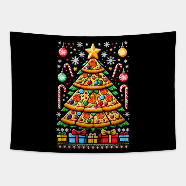 Xmas Tree with Pizza, Funny Pizza Lover Tapestry by logiamerch