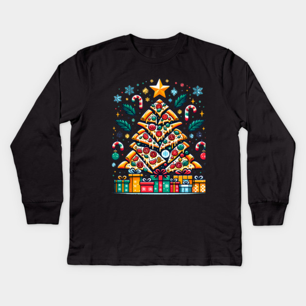 Xmas Tree with Pizza, Funny Pizza Lover Kids Long Sleeve T-Shirt by logiamerch
