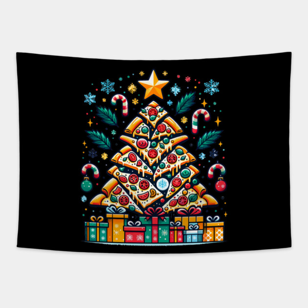 Xmas Tree with Pizza, Funny Pizza Lover Tapestry by logiamerch