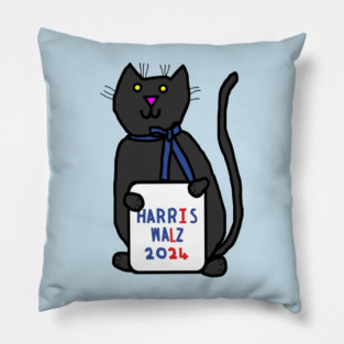Cute Cat with Harris Walz 2024 Sign Pillow